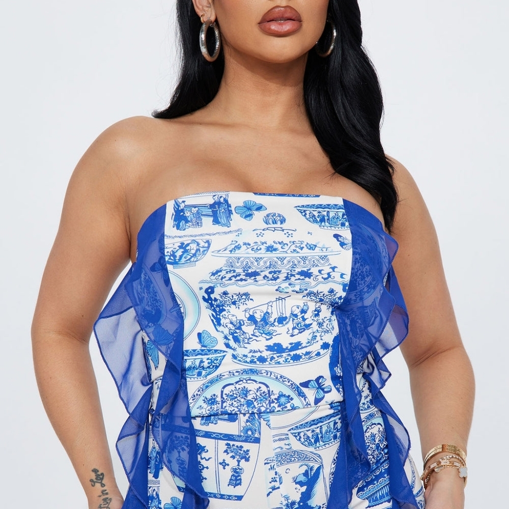 Blue Patterned Strapless Jumpsuit - image 2